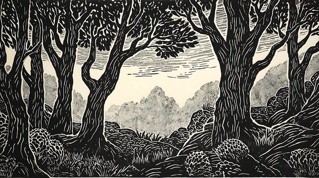 Dramatic black and white linocut of a dense forest with gnarled trees and distant hills
