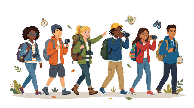 Diverse group of young explorers hiking with backpacks and cameras