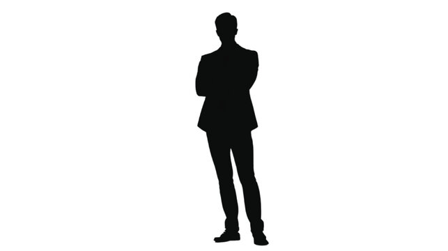 Businessman with arms folded stands in a bold black silhouette, creating a strong and assertive visual presence that highlights the clean lines of a tailored suit jacket against a bright white field.