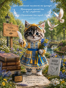 Charming illustration of a cute kitten dressed in traditional Ukrainian embroidered clothing, holding a feather quill and a bouquet of wildflowers in a blooming park.