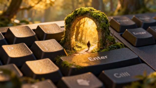 Keyboard with mossy archway and forest path