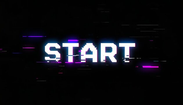 A bright START text on a dark background with purple accents