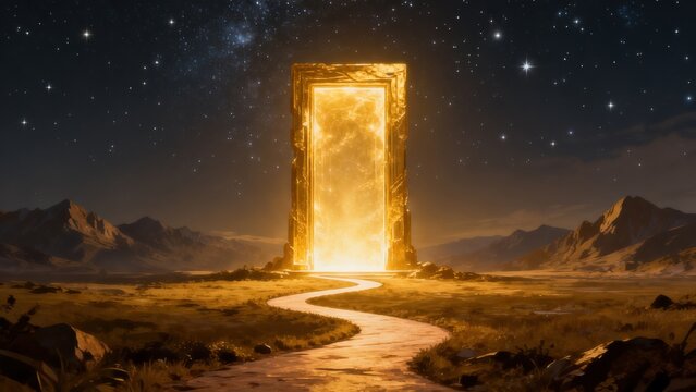 Glowing portal in mountain landscape