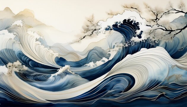 Vague Abstraite De Vagues Peintes A L Encre Style Calligraphique Japonais Fond Clair