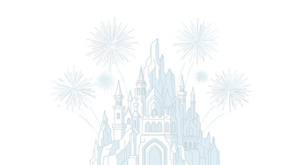 A stylized line art illustration of a magical fairytale castle with surrounding fireworks. © Joko santoso