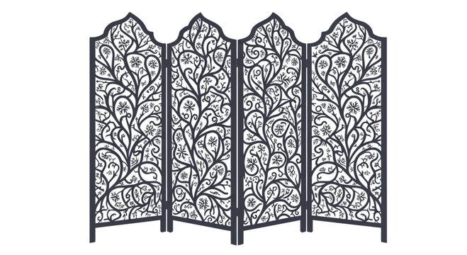 Ornate four panel folding room divider with intricate floral metalwork design.