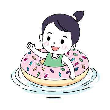 Cute Cartoon Girl Waving in a Donut Float