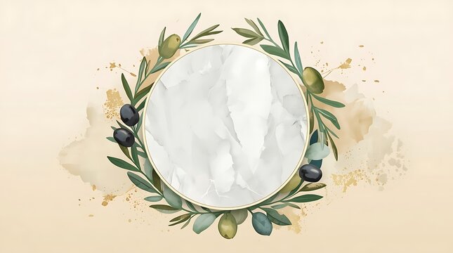 Elegant olive branch wreath encircles a marble circle with watercolor accents