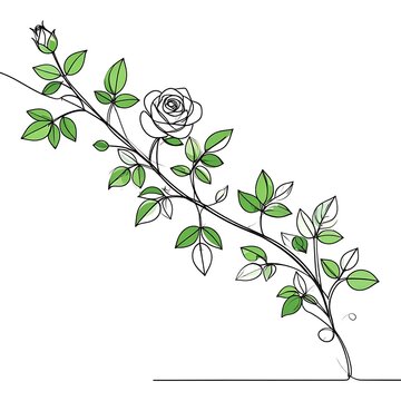 A line drawing of a rose stem with green leaves and a single blooming flower