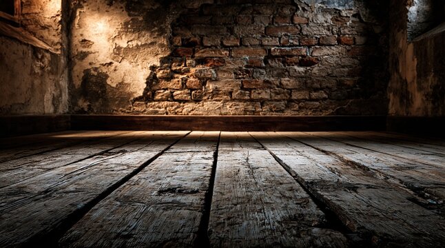 Dark abandoned basement room with brick wall and wooden floor