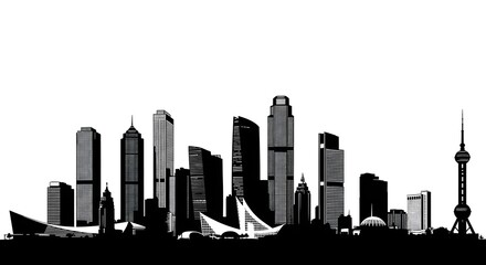 Obraz premium Flat two dimensional silhouette of a modern metropolis city skyline with skyscrapers and towers on a white background