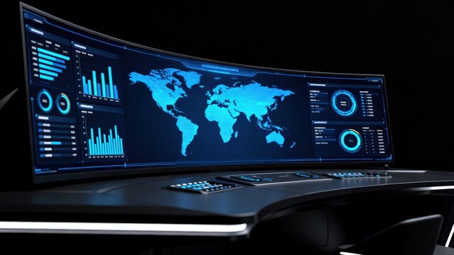 Futuristic computer monitor with world map