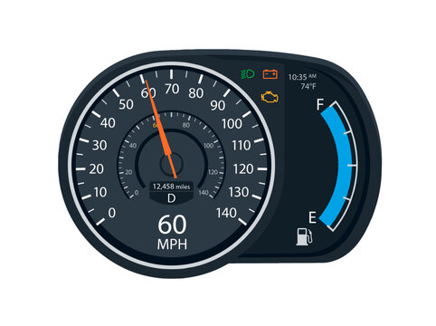 Car Dashboard Speedometer and Fuel Gauge Showing 60 MPH and Half Full Tank