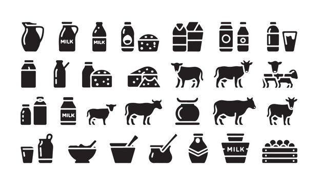 Dairy product icons collection with milk bottles farm animals cheese and yogurt symbols.