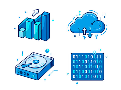 Digital technology icons including bar chart cloud storage hard drive and binary code