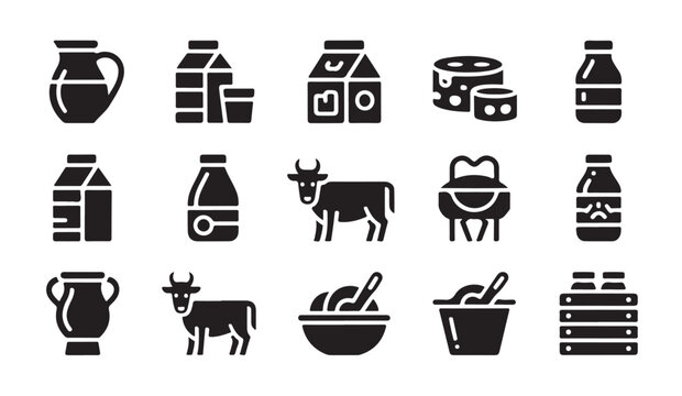 Dairy products milk jugs cheese jars and cow on farm icons.