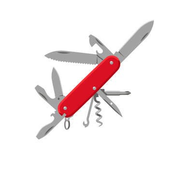 Red multi tool pocket knife with various blades and tools open on white background