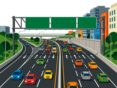Busy highway traffic with cars and buildings in a city landscape illustration