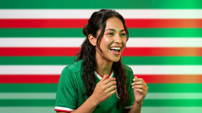 Cheerful young Latina soccer fan laughing in green jersey against green red and white striped background representing Mexican national colors during a sports celebration event.