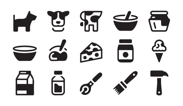 Set of various black food icons showing dairy products kitchen tools and dessert elements.