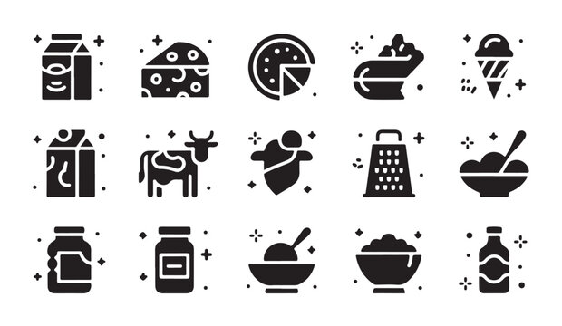 Graphic set of assorted black icons depicting farm produce dairy goods and food ingredients.