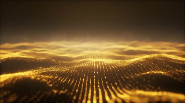 A vast, undulating sea of golden points forms a luminous,gridlike terrain that stretches toward a soft horizon the scene exudes warmth depth, and a futuristic, abstract landscape of light and motion