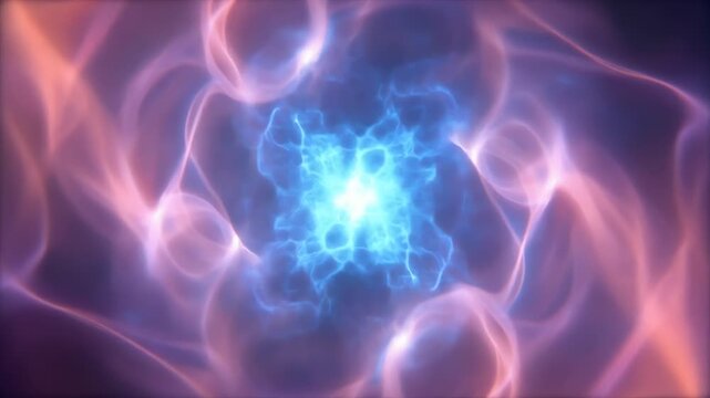 A vibrant abstract light swirl with electric blue core, interwoven pink-purple wisps radiating glow