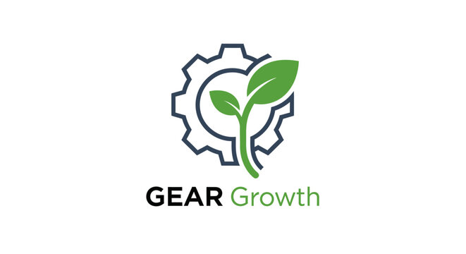 Gear and sprout logo representing growth, progress and development in a business or organization