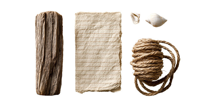 Set of handmade natural twine, paper and wooden pieces on transparent
