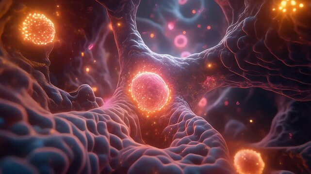 A vibrant microscopic scene shows rounded cells and glowing orbs within a tissue matrix, rendered in warm orange tones and cool blue shadows, highlighting nuclei and cellular textures. In motion now