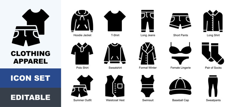 Clothing  Apparel Icons Pack Featuring Apparel, Casual, Clothes, Clothing, Fabric, Fashion, Garment, Outfit, Shirt, Textile