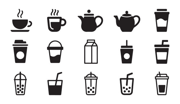Beverage icons set featuring hot coffee cups tea pots takeout containers and bubble tea.