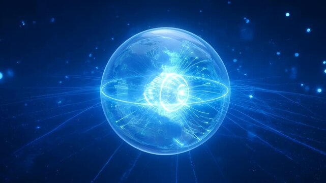 Digital spiral circle orb glow blue background with radiant light and abstract energy, futuristic calm digital sphere with glowing blue abstract tech particle trail and abstract technology background