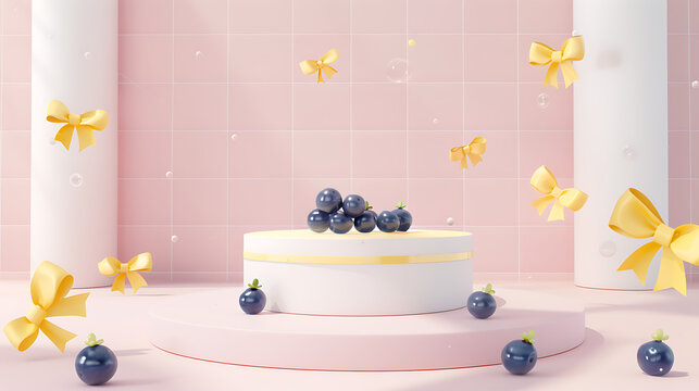 3D claymorphism pink product display podium with copy space blueberries and yellow bows for summer dessert launch and beauty cosmetics commercial advertising background