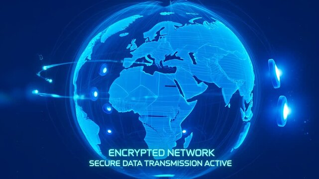 Encrypted network secure data transmission active globe sphere, digital circle spiral globe network encrypted secure data transmission active world map cyber technology sphere blue glow futuristic