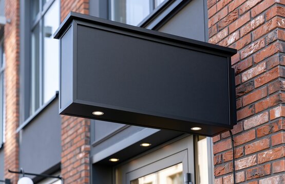 Exterior brick building with modern storefront sign and lights