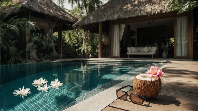 villa pool with natural textures and earthy tones, turquoise water shimmering in sunlight, white and pink frangipani flowers floating near the edge, coconut with flower garnish 