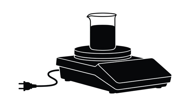 Laboratory magnetic stirrer with a glass beaker containing chemical liquid shown in a crisp black and white silhouette graphic design style for scientific research and experiments