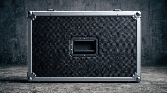 Metal flight case on concrete floor with dark industrial background