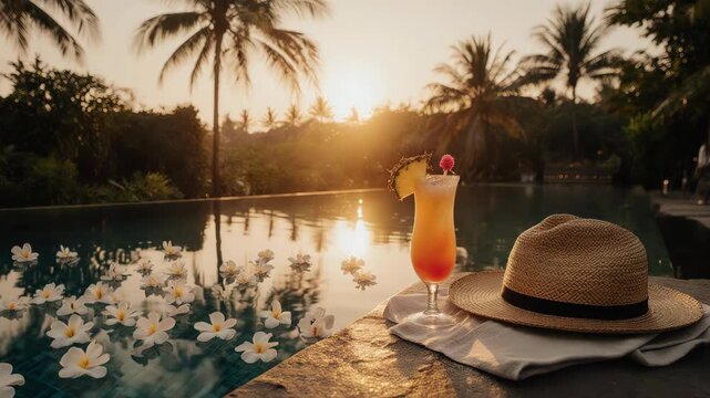 villa pool with natural textures and earthy tones, turquoise water shimmering in sunlight, white and pink frangipani flowers floating near the edge, coconut with flower garnish 
