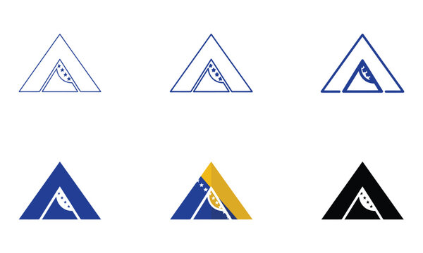 Stylized triangular emblem with stars and stripes in outline and solid fill variations blue gold black