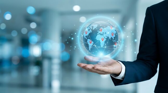 Businessman holding a glowing digital globe with location pins
