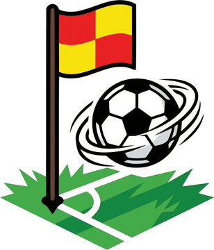 Soccer ball spinning near corner kick flag vector illustration