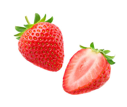 Fresh strawberry with cut in half isolated on white.