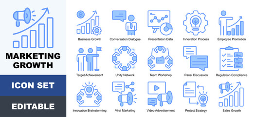 Fototapeta premium Marketing Growth Strategy Icons Pack Featuring Analysis, Analytics, Business, Campaign, Collaboration, Digital, Growth, Marketing, Promotion, Strategy