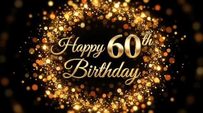 Golden happy 60th birthday greeting with sparkling lights