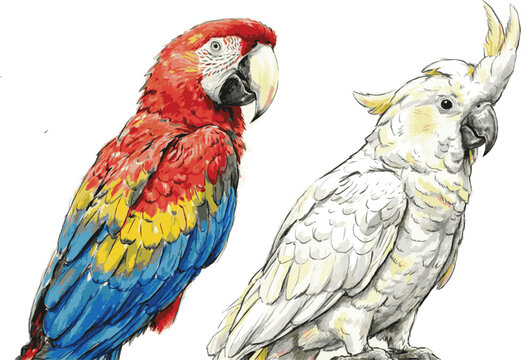 Created on hand drawn colorful sketch vintage exotic tropical bird parrot macaw and cockatoo Illustration on white background