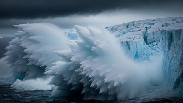 Massive glacier collapse into stormy ocean with towering waves and dramatic natural disaster scene