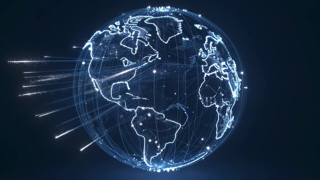 Futuristic digital circle spiral globe with glowing network lines, connected continents, world map, earth line, blue light on dark background, global communication concept SEO title