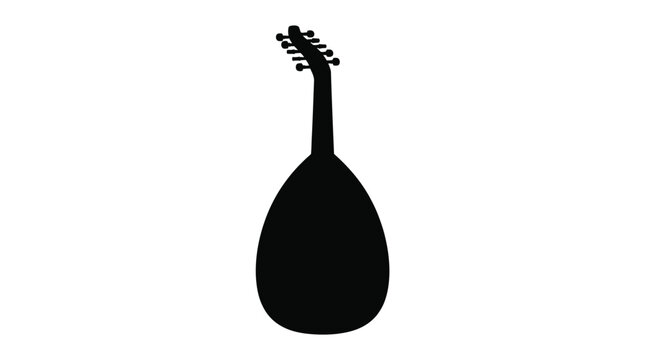 A detailed silhouette of a traditional oud string instrument featuring a pear shaped body and long neck isolated against a clean and bright white background